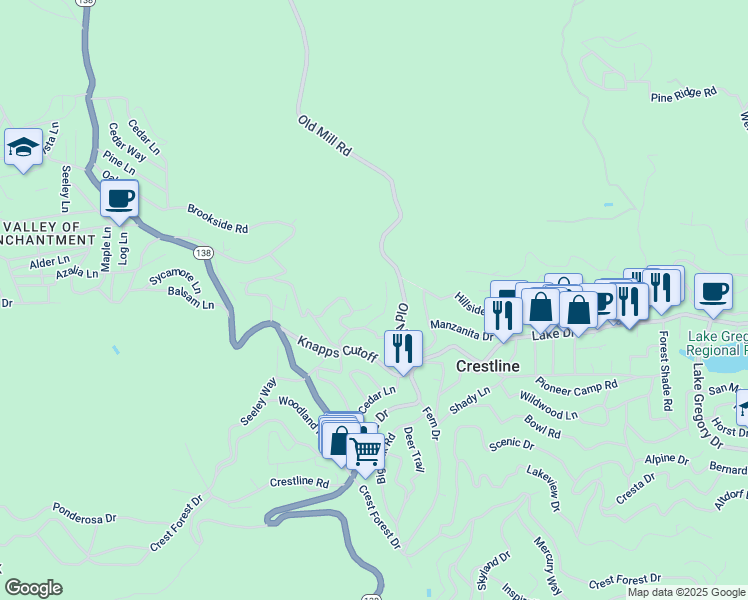 map of restaurants, bars, coffee shops, grocery stores, and more near 23527 The Blind Trail in Crestline