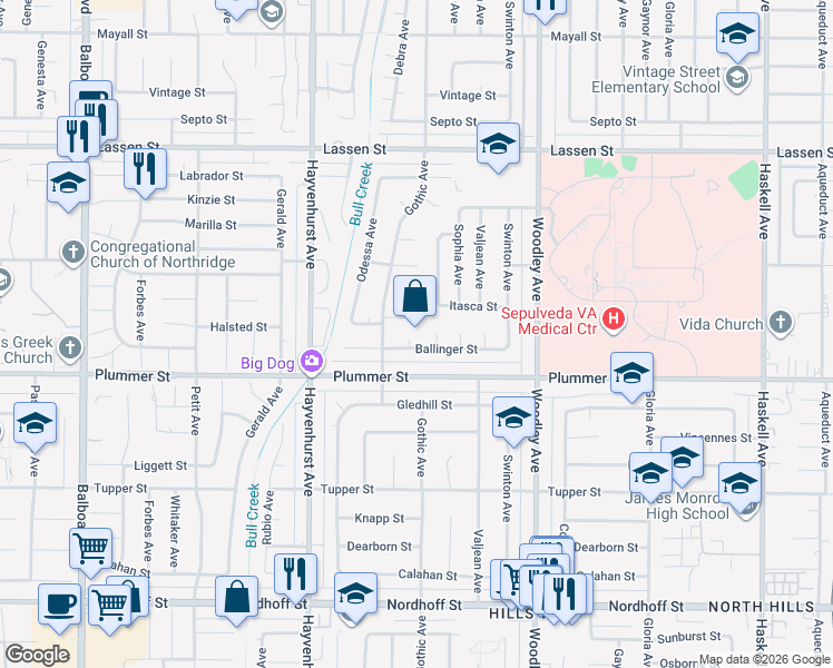 map of restaurants, bars, coffee shops, grocery stores, and more near 9540 Debra Avenue in Los Angeles
