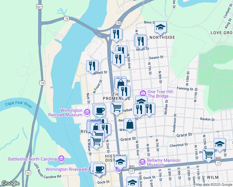 map of restaurants, bars, coffee shops, grocery stores, and more near 306 Brunswick Street in Wilmington