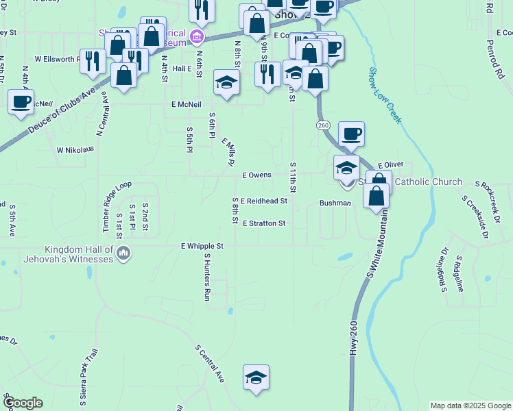 map of restaurants, bars, coffee shops, grocery stores, and more near 881 East Reidhead Street in Show Low