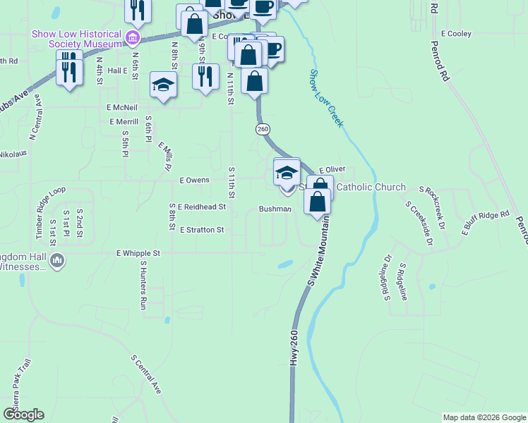 map of restaurants, bars, coffee shops, grocery stores, and more near 1305 East Owens in Show Low