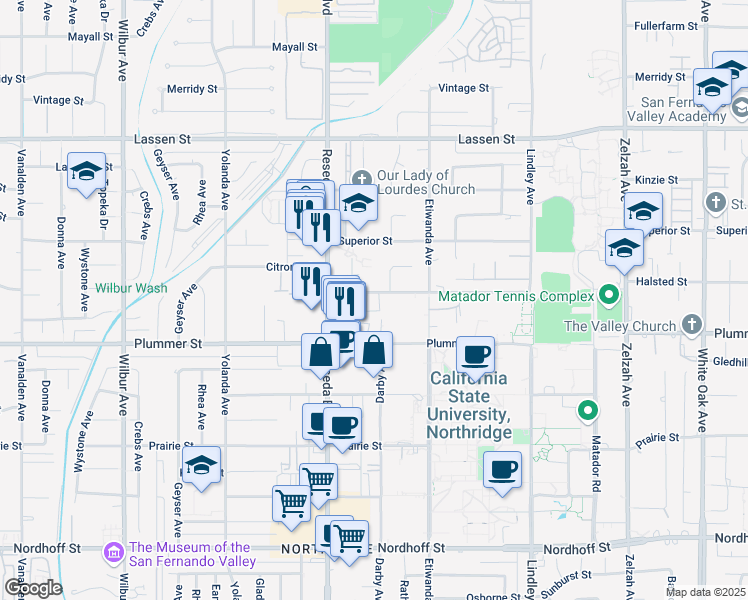 map of restaurants, bars, coffee shops, grocery stores, and more near 9626 Reseda Boulevard in Los Angeles
