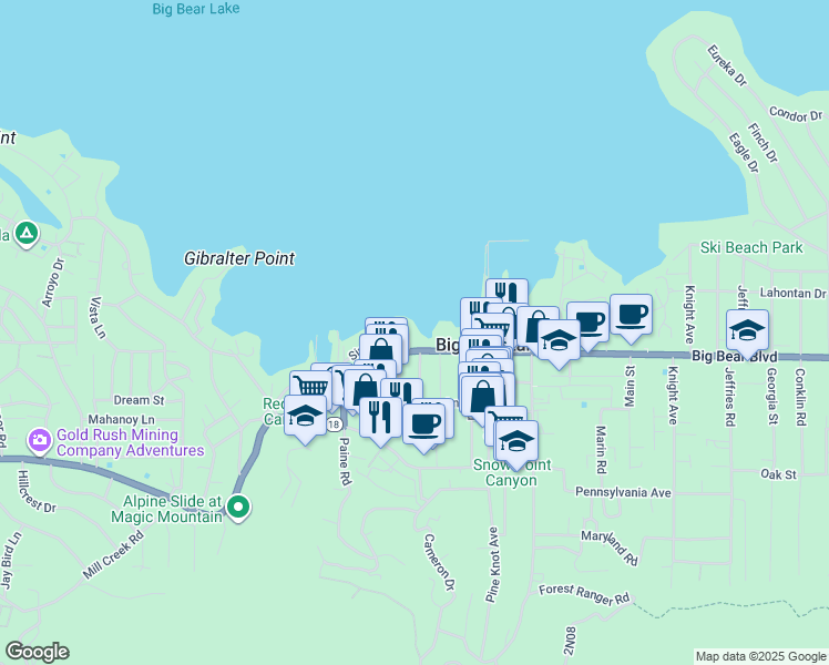 map of restaurants, bars, coffee shops, grocery stores, and more near in Big Bear Lake