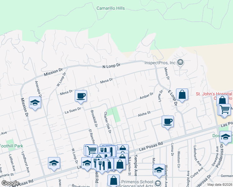 map of restaurants, bars, coffee shops, grocery stores, and more near 2581 Temple Avenue in Camarillo