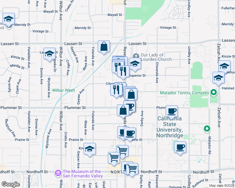 map of restaurants, bars, coffee shops, grocery stores, and more near 9575 Reseda Boulevard in Los Angeles