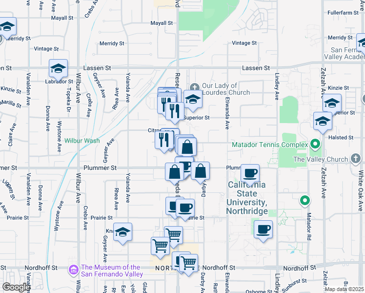 map of restaurants, bars, coffee shops, grocery stores, and more near 18452 Halsted Street in Los Angeles