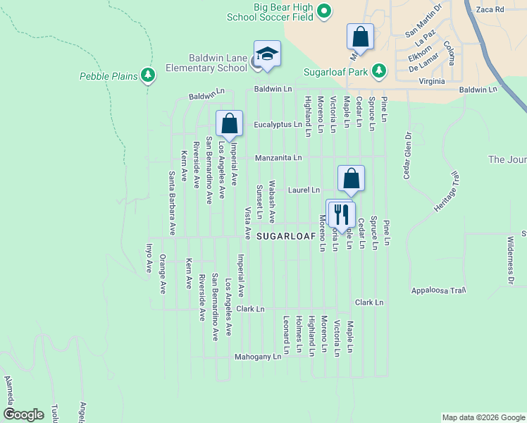 map of restaurants, bars, coffee shops, grocery stores, and more near 441 Sunset Lane in Big Bear