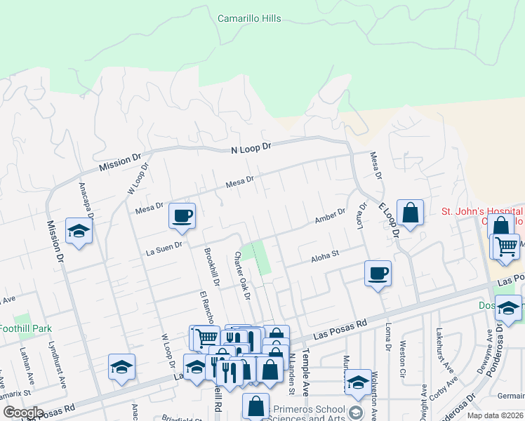map of restaurants, bars, coffee shops, grocery stores, and more near 2581 Temple Avenue in Camarillo