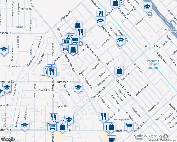 map of restaurants, bars, coffee shops, grocery stores, and more near 14261 Gager Street in Los Angeles