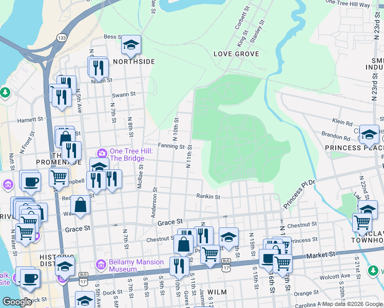map of restaurants, bars, coffee shops, grocery stores, and more near 806 North 11th Street in Wilmington