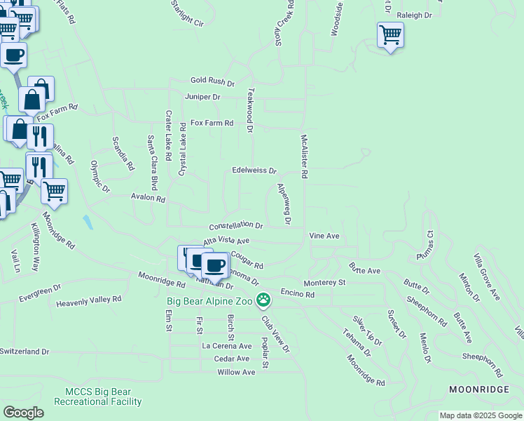map of restaurants, bars, coffee shops, grocery stores, and more near 919 Waldstrasse Way in Big Bear