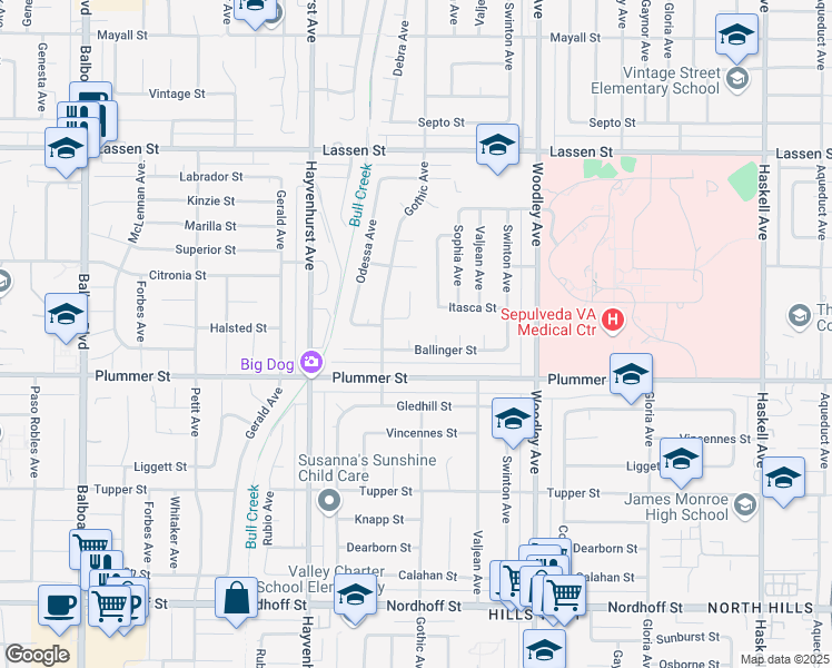 map of restaurants, bars, coffee shops, grocery stores, and more near 9540 Debra Avenue in Los Angeles
