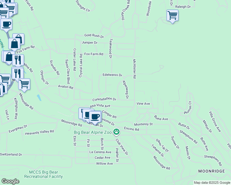 map of restaurants, bars, coffee shops, grocery stores, and more near 919 Waldstrasse Way in Big Bear