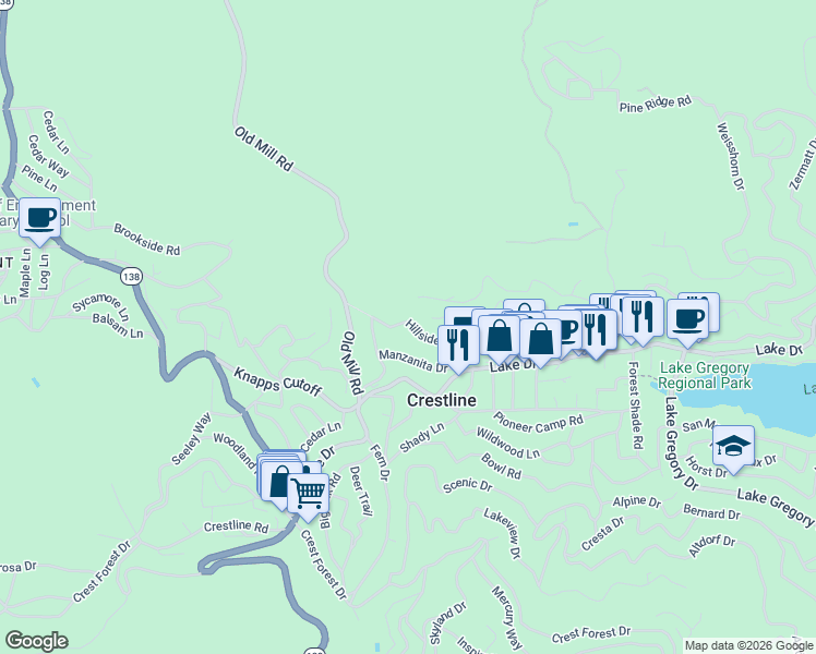 map of restaurants, bars, coffee shops, grocery stores, and more near 23677 Hillside Drive in Crestline