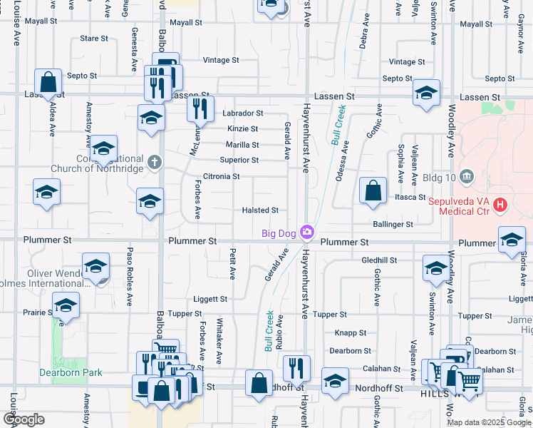 map of restaurants, bars, coffee shops, grocery stores, and more near 9545 Rubio Avenue in Los Angeles