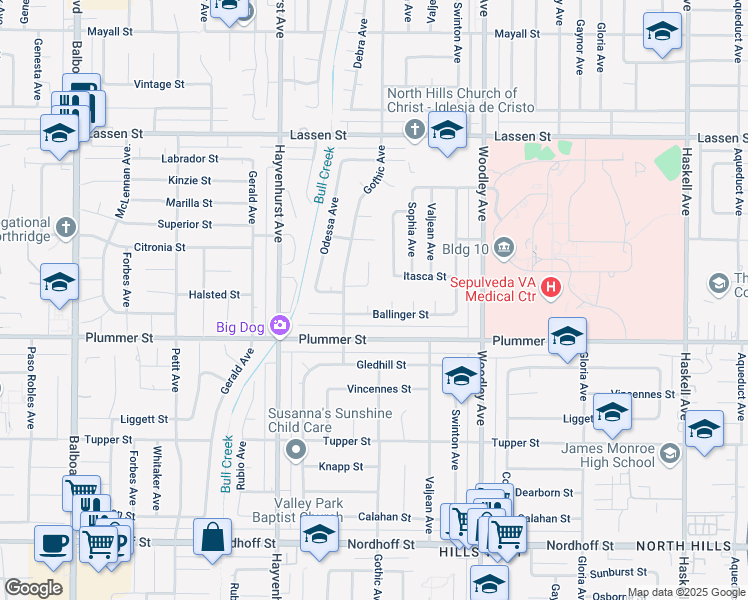map of restaurants, bars, coffee shops, grocery stores, and more near 9540 Debra Avenue in Los Angeles