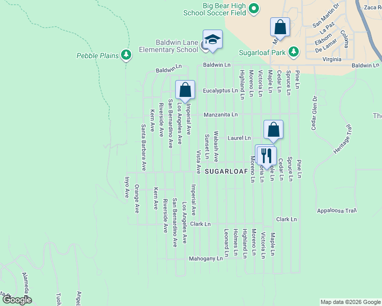 map of restaurants, bars, coffee shops, grocery stores, and more near 433 Imperial Avenue in Big Bear