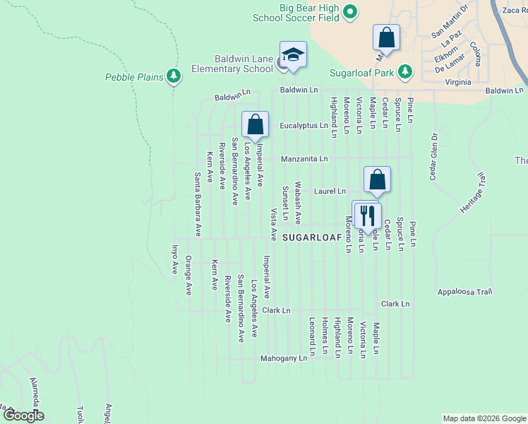 map of restaurants, bars, coffee shops, grocery stores, and more near 433 Imperial Avenue in Big Bear