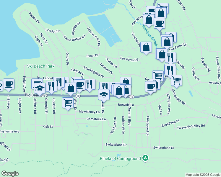 map of restaurants, bars, coffee shops, grocery stores, and more near in Big Bear Lake