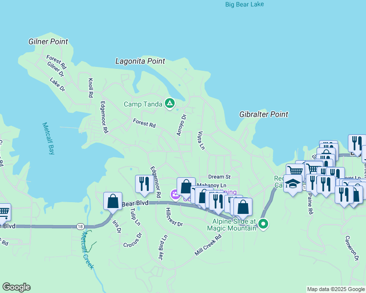 map of restaurants, bars, coffee shops, grocery stores, and more near 40047 Sierra Trail in Big Bear Lake