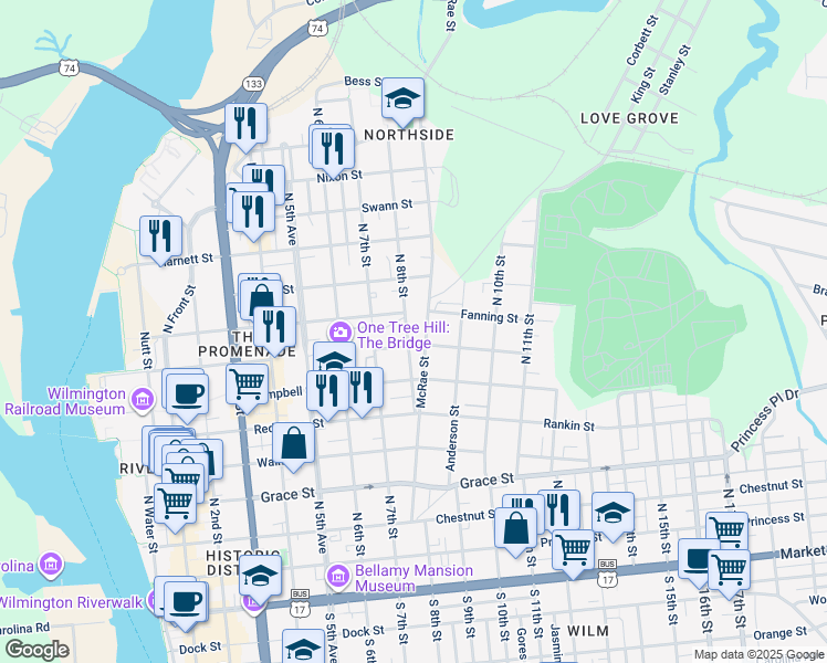 map of restaurants, bars, coffee shops, grocery stores, and more near 712 North 8th Street in Wilmington