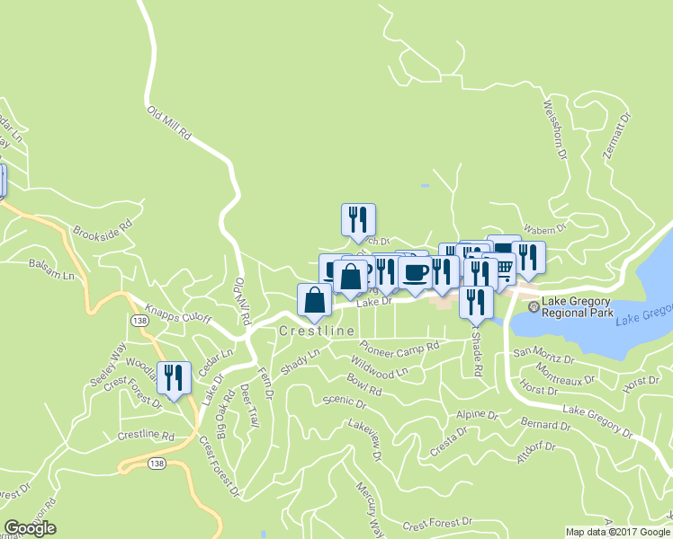 map of restaurants, bars, coffee shops, grocery stores, and more near 23771 Zuger Drive in Crestline