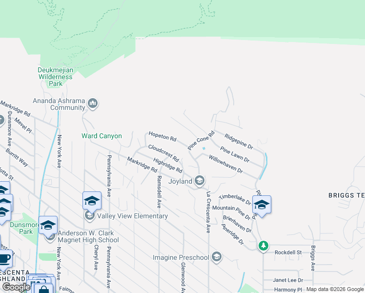 map of restaurants, bars, coffee shops, grocery stores, and more near 2914 Hopeton Road in La Crescenta-Montrose