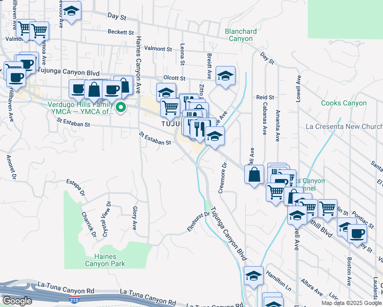 map of restaurants, bars, coffee shops, grocery stores, and more near 6540 Foothill Boulevard in Los Angeles
