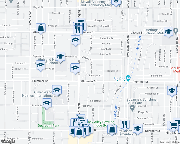 map of restaurants, bars, coffee shops, grocery stores, and more near 9549 Forbes Avenue in Los Angeles