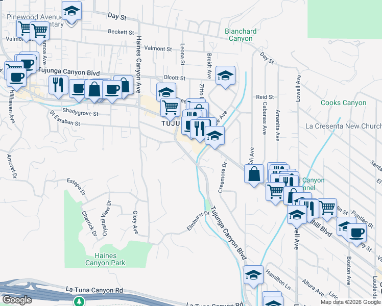 map of restaurants, bars, coffee shops, grocery stores, and more near 9722 Tujunga Canyon Boulevard in Los Angeles