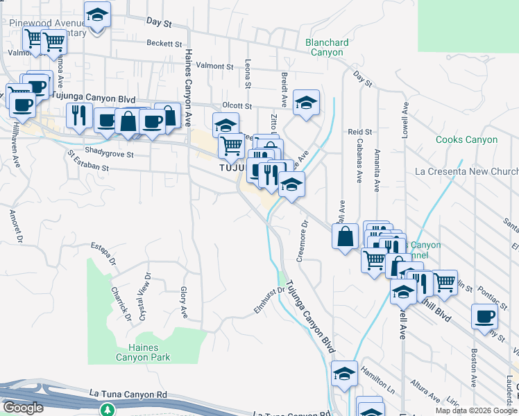 map of restaurants, bars, coffee shops, grocery stores, and more near 9722 Tujunga Canyon Boulevard in Los Angeles