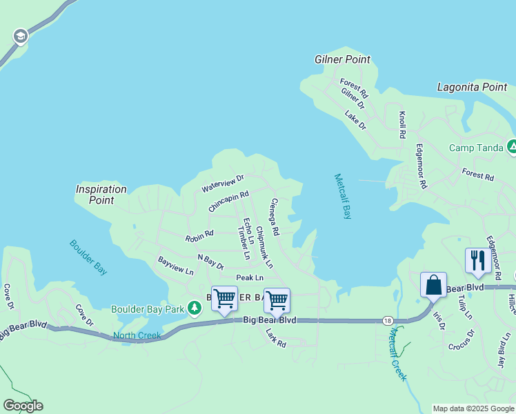 map of restaurants, bars, coffee shops, grocery stores, and more near 473 Chipmunk Lane in Big Bear Lake