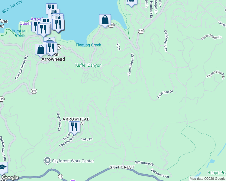map of restaurants, bars, coffee shops, grocery stores, and more near 28595 Wabash Drive in Lake Arrowhead