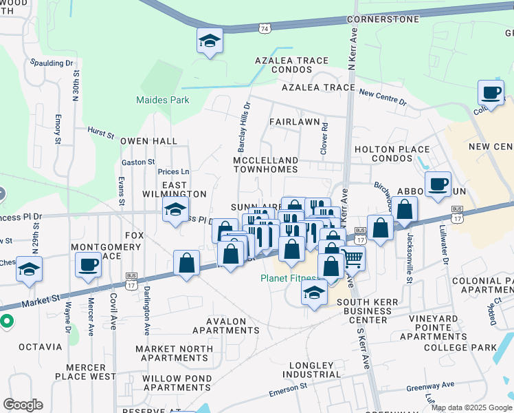 map of restaurants, bars, coffee shops, grocery stores, and more near 309 Saint Rosea Road in Wilmington