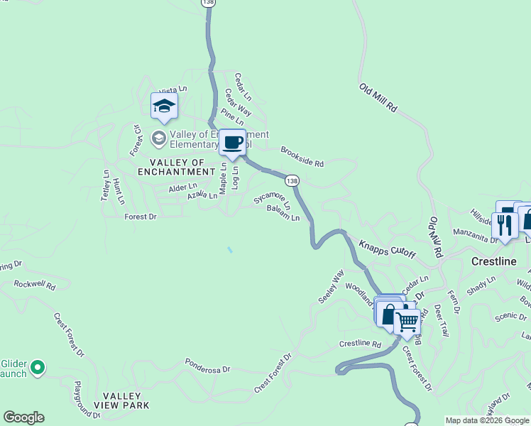 map of restaurants, bars, coffee shops, grocery stores, and more near 23095 Balsam Lane in Crestline