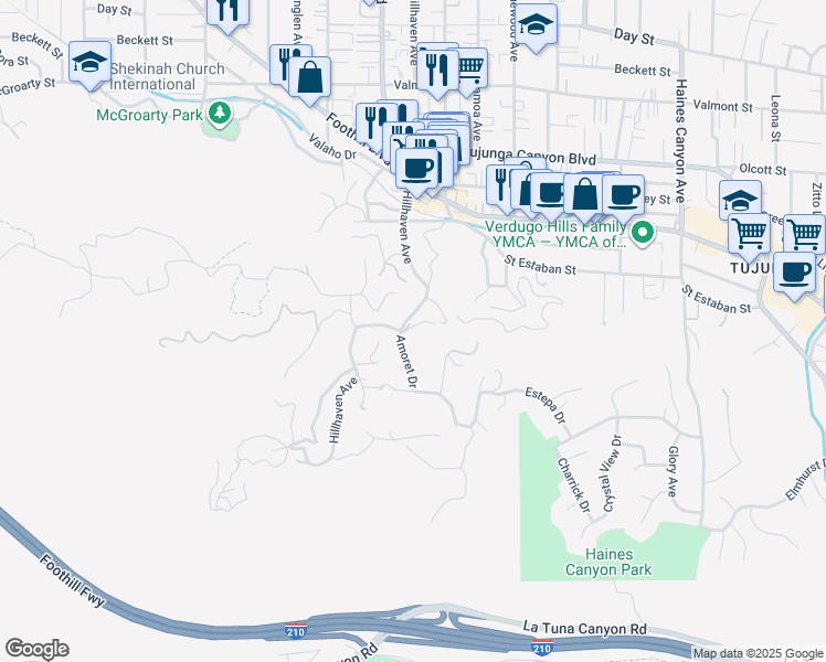 map of restaurants, bars, coffee shops, grocery stores, and more near 9570 Amoret Drive in Los Angeles