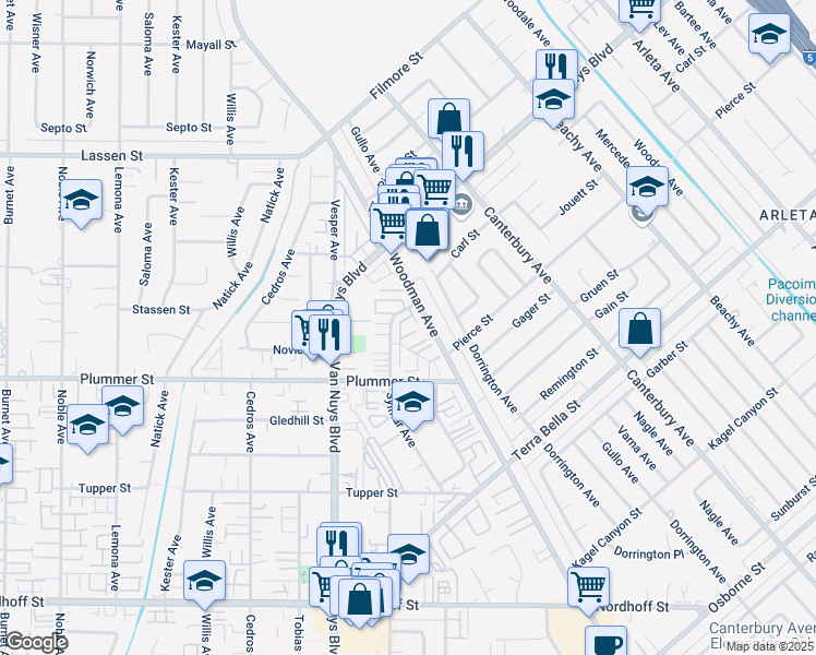 map of restaurants, bars, coffee shops, grocery stores, and more near 11 Sylmar Avenue in Los Angeles
