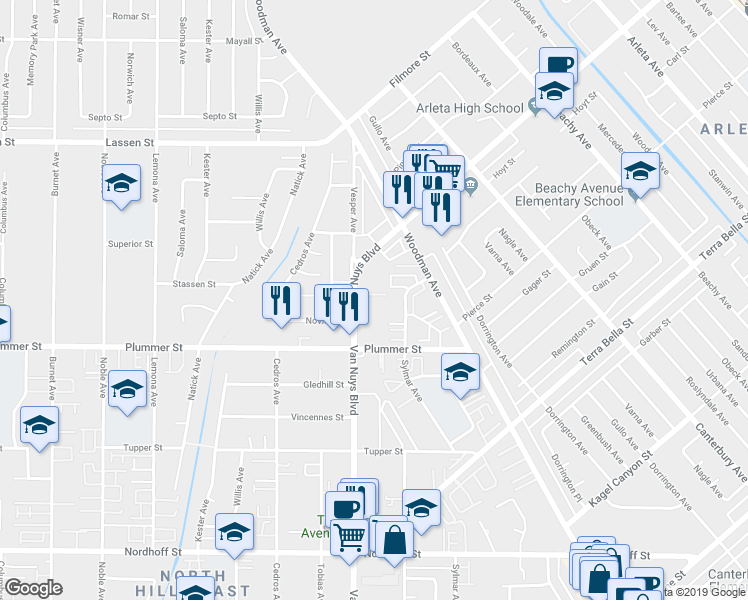 map of restaurants, bars, coffee shops, grocery stores, and more near 9618 Van Nuys Boulevard in Los Angeles