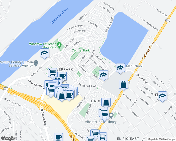 map of restaurants, bars, coffee shops, grocery stores, and more near 3084 Nimes Lane in Oxnard