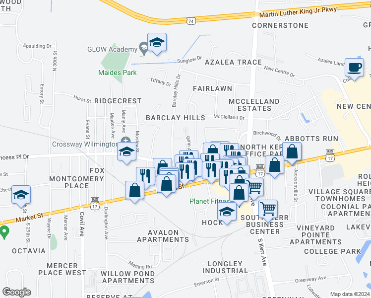 map of restaurants, bars, coffee shops, grocery stores, and more near 309 Saint Rosea Road in Wilmington