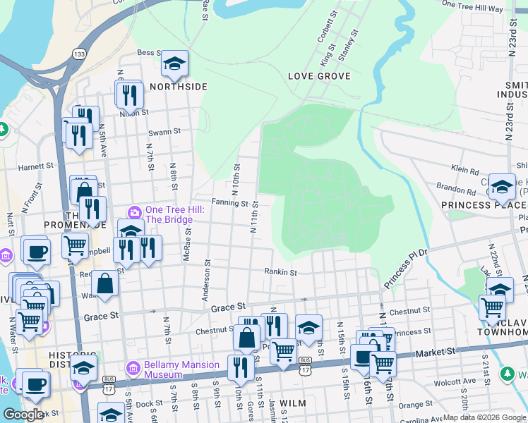map of restaurants, bars, coffee shops, grocery stores, and more near 714-718 N 11th St in Wilmington