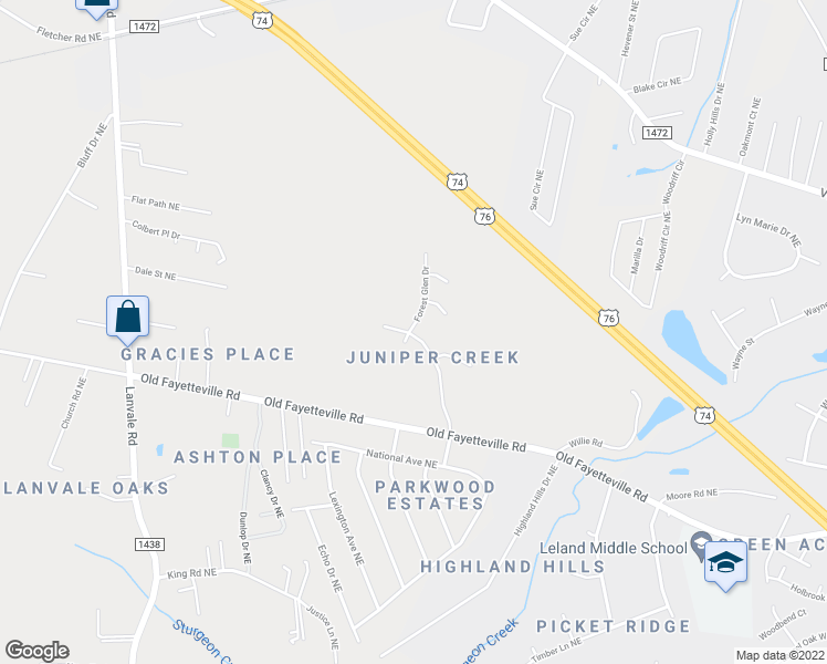 map of restaurants, bars, coffee shops, grocery stores, and more near 1103 Forest Glen Drive Northeast in Leland