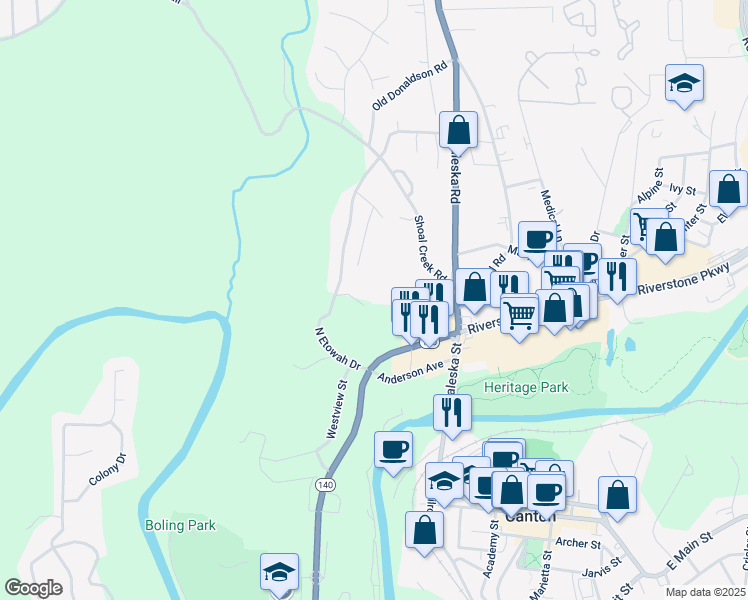 map of restaurants, bars, coffee shops, grocery stores, and more near 215 North Etowah Court in Canton