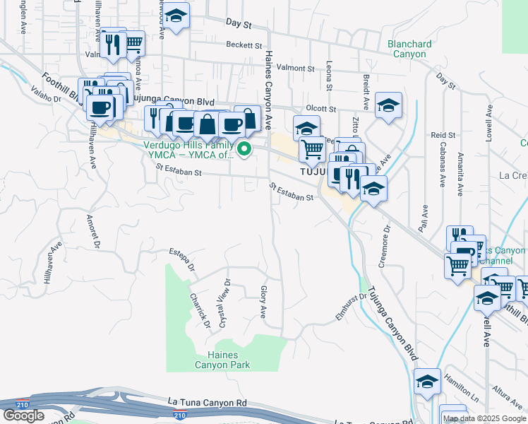 map of restaurants, bars, coffee shops, grocery stores, and more near 9735 Haines Canyon Avenue in Los Angeles