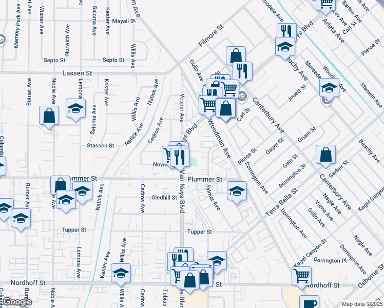 map of restaurants, bars, coffee shops, grocery stores, and more near 9600 Van Nuys Boulevard in Los Angeles
