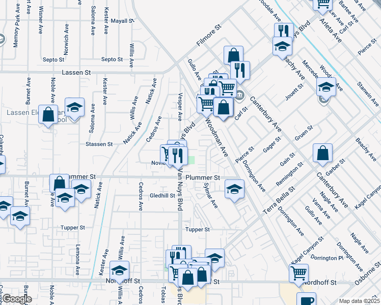 map of restaurants, bars, coffee shops, grocery stores, and more near 9600 Van Nuys Boulevard in Los Angeles