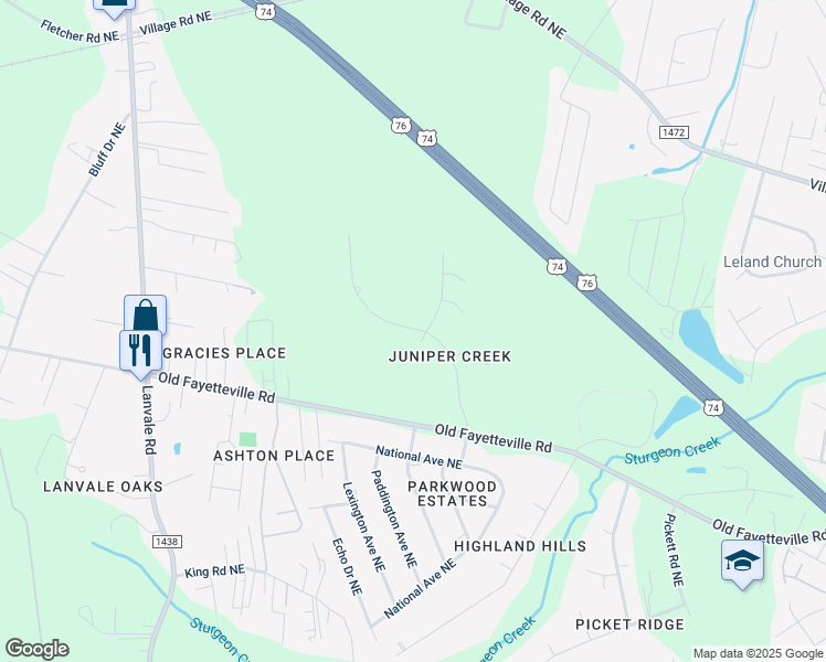 map of restaurants, bars, coffee shops, grocery stores, and more near 1268 Hidden Creek Drive in Leland