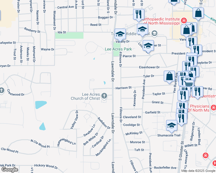map of restaurants, bars, coffee shops, grocery stores, and more near 1202 Harrison Street in Tupelo
