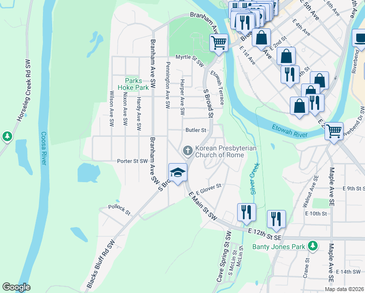 map of restaurants, bars, coffee shops, grocery stores, and more near 508 Harper Avenue Southwest in Rome