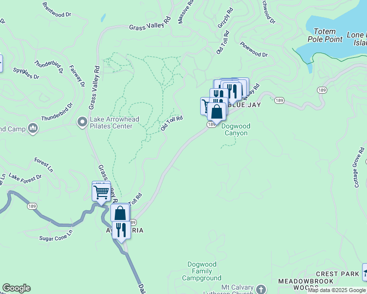 map of restaurants, bars, coffee shops, grocery stores, and more near California 189 in San Bernardino County